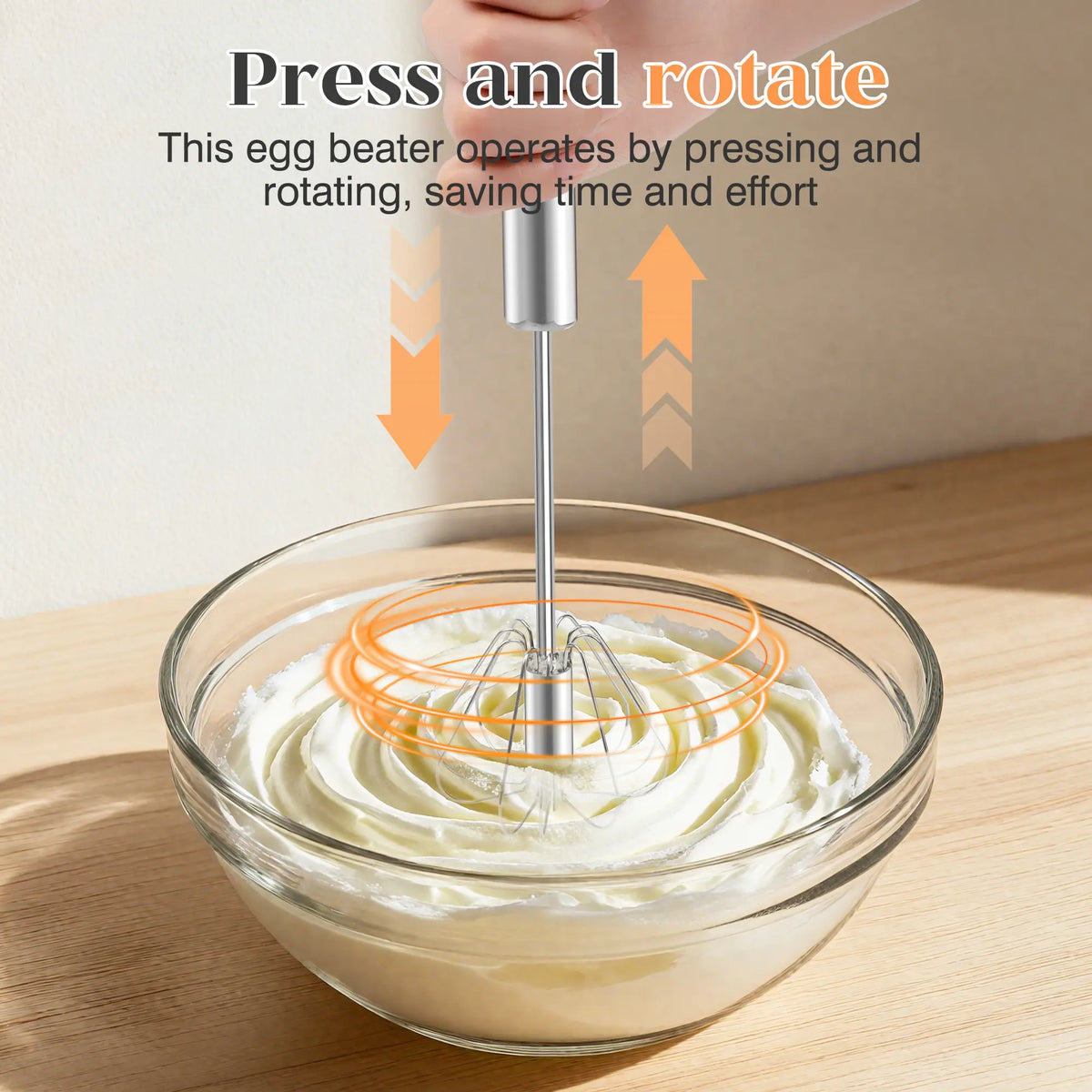 Stainless Steel Hand-Push Rotary Whisk Food-Grade Rust-Resistant Sturdy Riveted Construction Semi-Automatic Design Versatile for Cooking Blending Whisking Beating and Stirring Tasks Easy to Clean